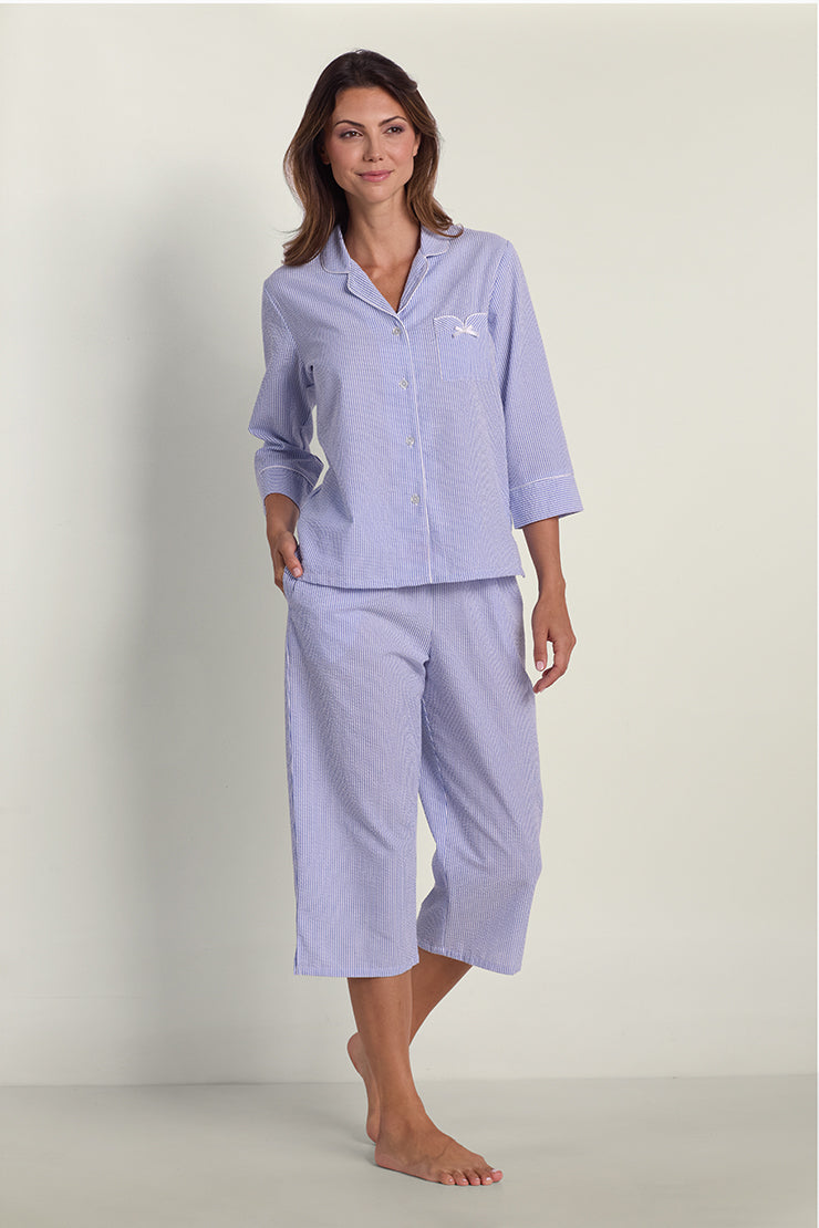 Seersucker Pajama Set - 3/4 Sleeves – Miss Elaine Store