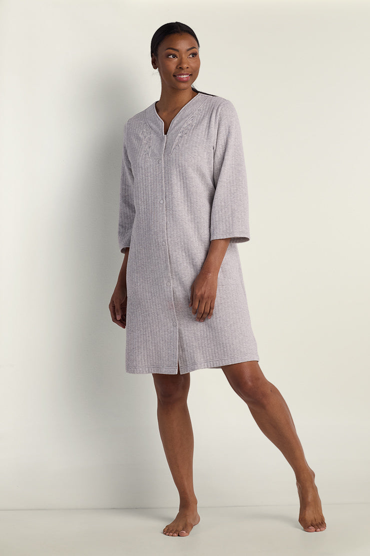 knitted robe dress Miss Elaine Quilt-In-Knit 34 Sleeve Snap-Front Short Robe, Womens, M, Heather Grey