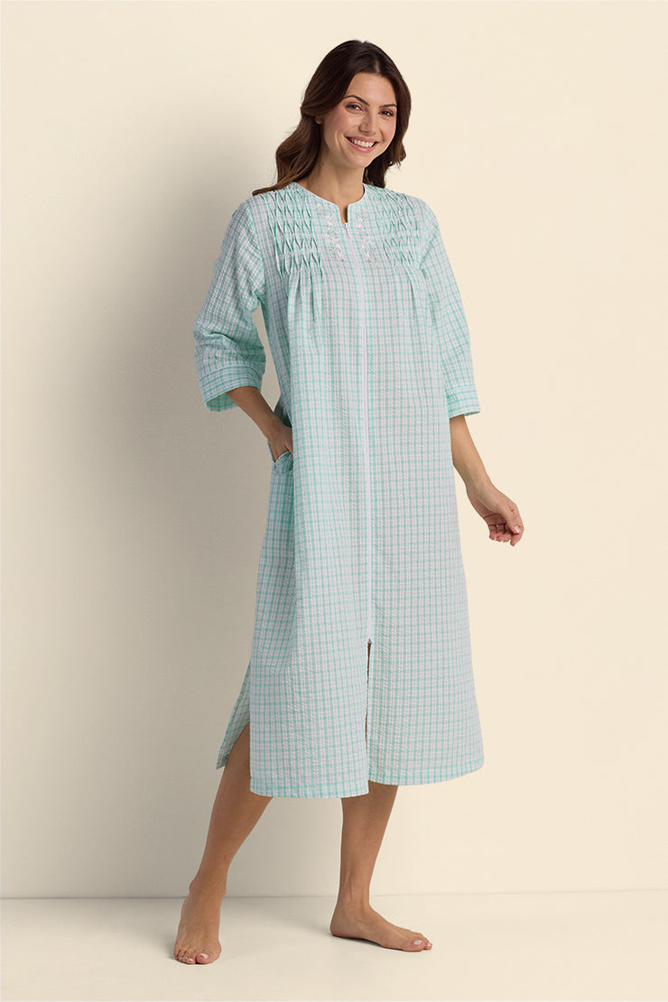 Seersucker Long Zipper Robe, Mint/Wht Window Pane / 2X