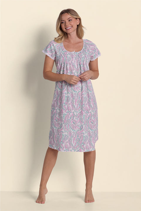 Purple paisley short nightgown with cap sleeves and gathered neckline, front view on model.