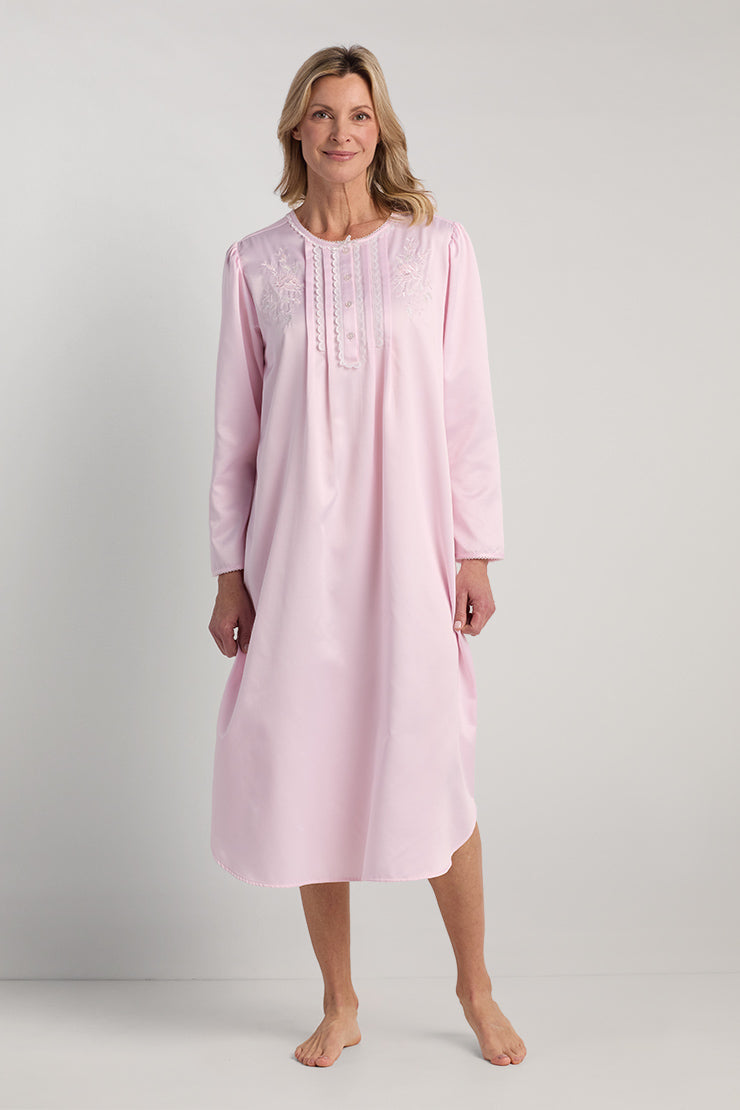 dress satin womans nightgown Brushed Back Long Color: Fuschia Sparkling V-Neck Ruffled Sleeves Our strap is no Size:19.5” Neck / 36-37” Sleeve