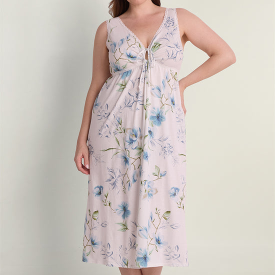 Vintage Knit Long Nightgown in lavender with blue floral print, front view on model.