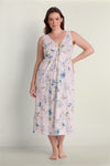 Vintage Knit Long Nightgown in lavender with blue floral print, front view on model.