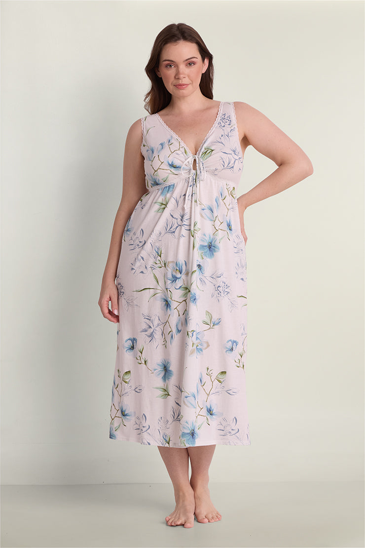 Vintage Knit Long Nightgown in lavender with blue floral print, front view on model.