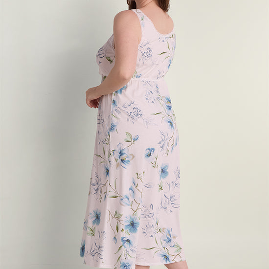 Vintage Knit Long Nightgown in pale pink with blue floral print, back view on standing model.