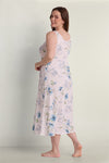 Vintage Knit Long Nightgown in pale pink with blue floral print, back view on standing model.