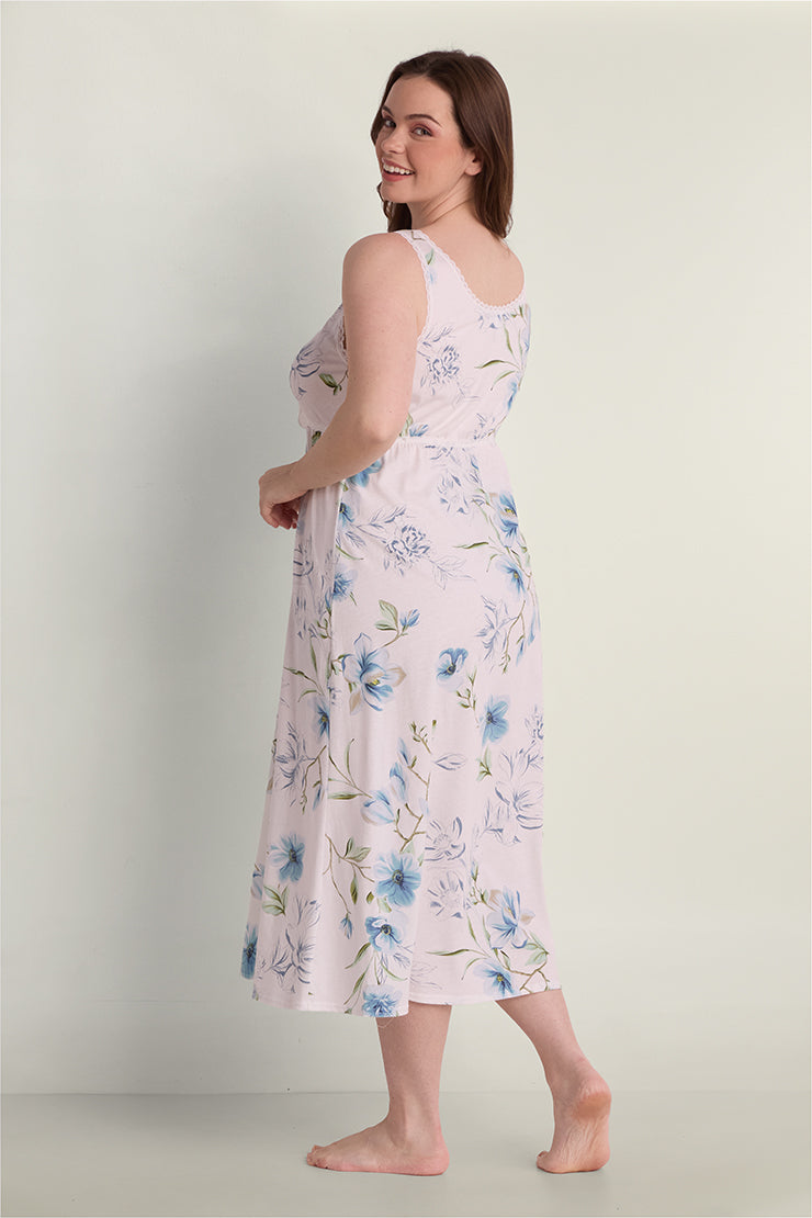 Vintage Knit Long Nightgown in pale pink with blue floral print, back view on standing model.