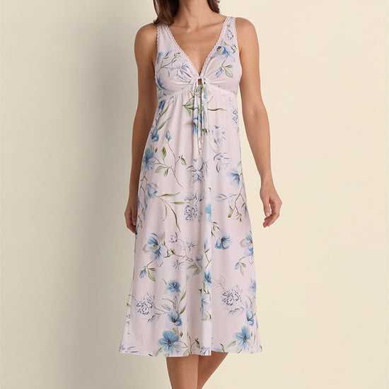 Vintage Knit Long Nightgown in lavender with blue floral print, V-neckline, sleeveless, full-length view on model.