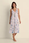 Vintage Knit Long Nightgown in lavender with blue floral print, V-neckline, sleeveless, full-length view on model.