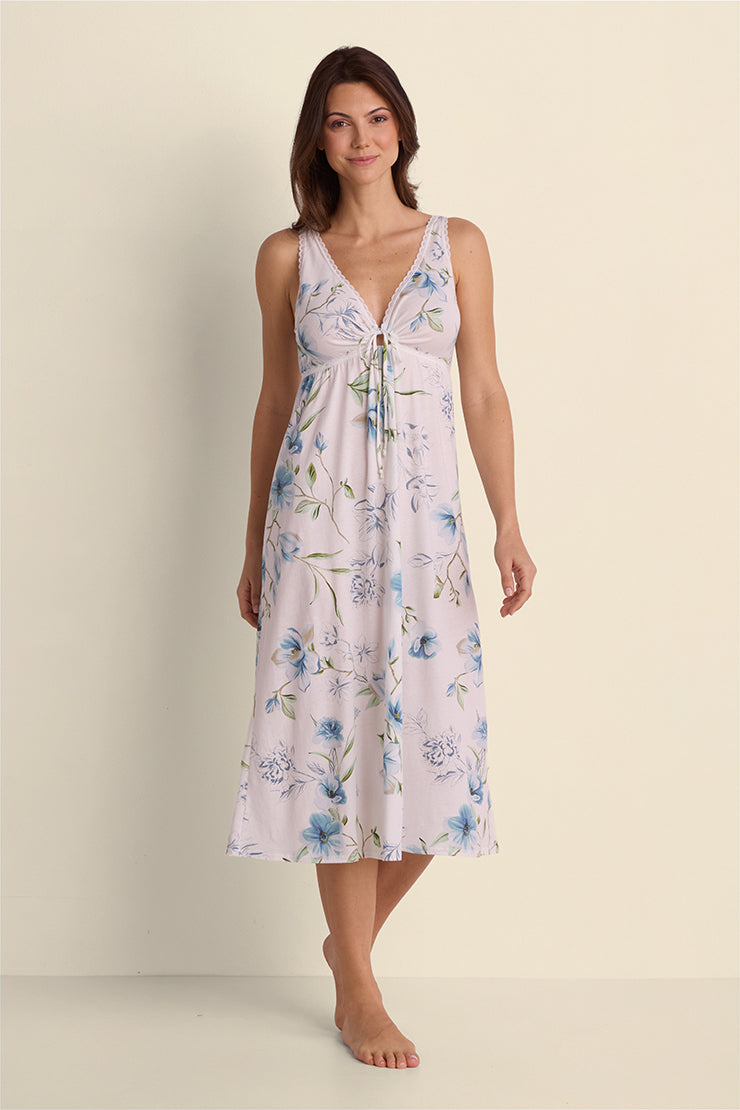 Vintage Knit Long Nightgown in lavender with blue floral print, V-neckline, sleeveless, full-length view on model.