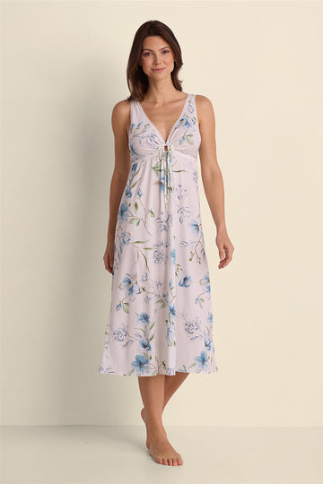 Vintage Knit Long Nightgown in lavender with blue floral print, V-neckline, sleeveless, full-length view on model.