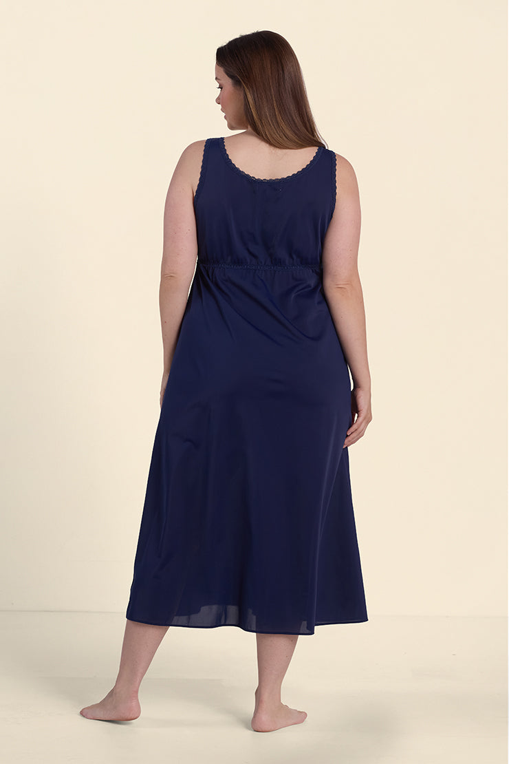 Navy blue sleeveless nightgown with keyhole neckline, shown from back view on standing model.