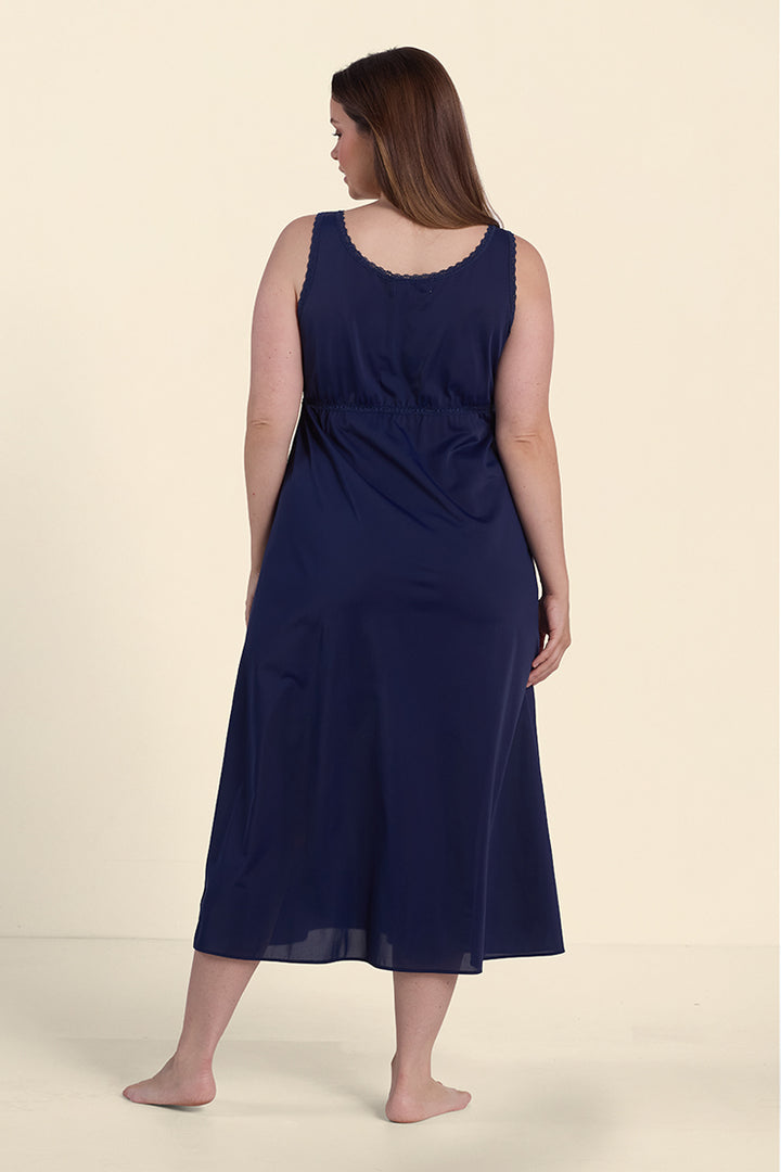 Navy blue sleeveless nightgown with keyhole neckline, shown from back view on standing model.