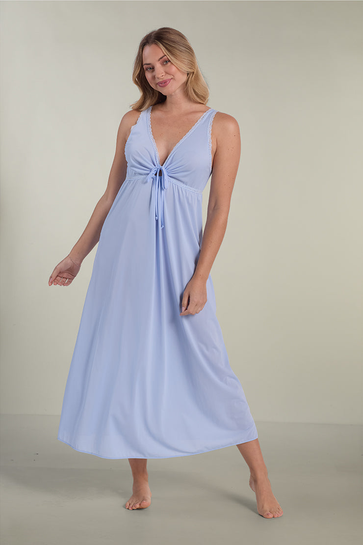 Light blue sleeveless nightgown with keyhole neckline and tie detail, displayed on model against neutral background.