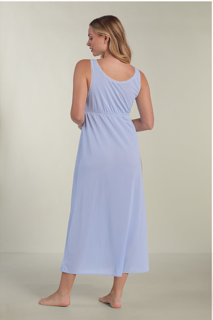 Light blue sleeveless nightgown with keyhole neckline, shown from back view on standing model.