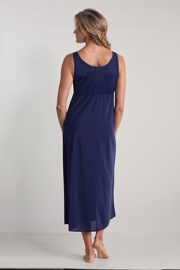 Navy blue sleeveless nightgown with keyhole neckline, shown from back view on standing model.