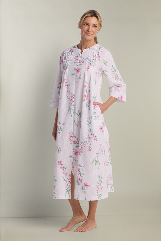 Seersucker Long Floral Robe with Zip-Up Front