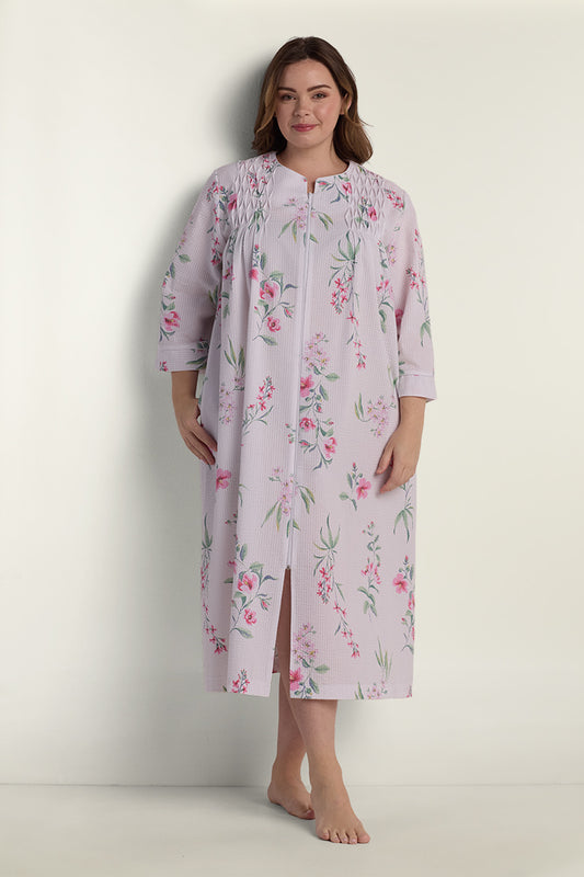 Seersucker Long Floral Robe with Zip-Up Front