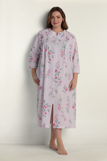 Seersucker Long Floral Robe with Zip-Up Front