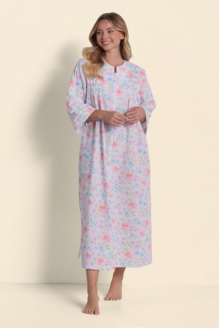Seersucker Long Floral Robe with Zip-Up Front – Miss Elaine Store
