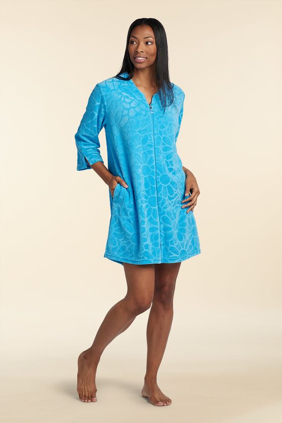 Micro Terry Short Robe - 3/4 Sleeves- Zip Front | Clearance only